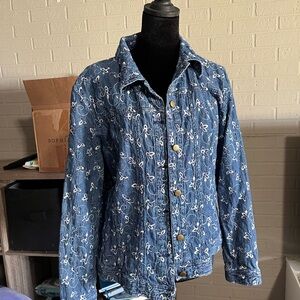 Embroidered Blue Denim Jacket with White Floral Stitching